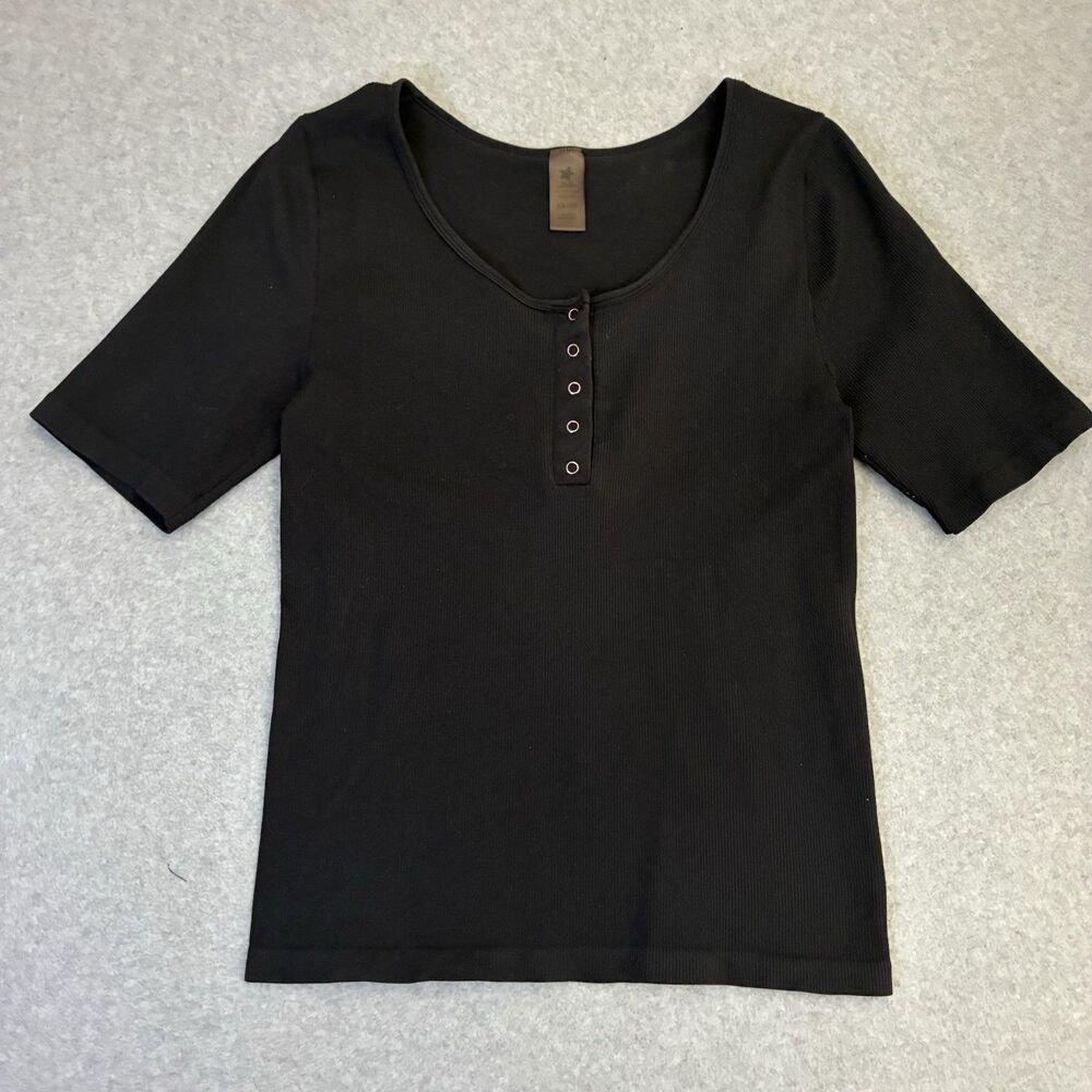 Women’s Black Ribbed Henley Top 1X 2X Stretch Short Sleeve Plus Size